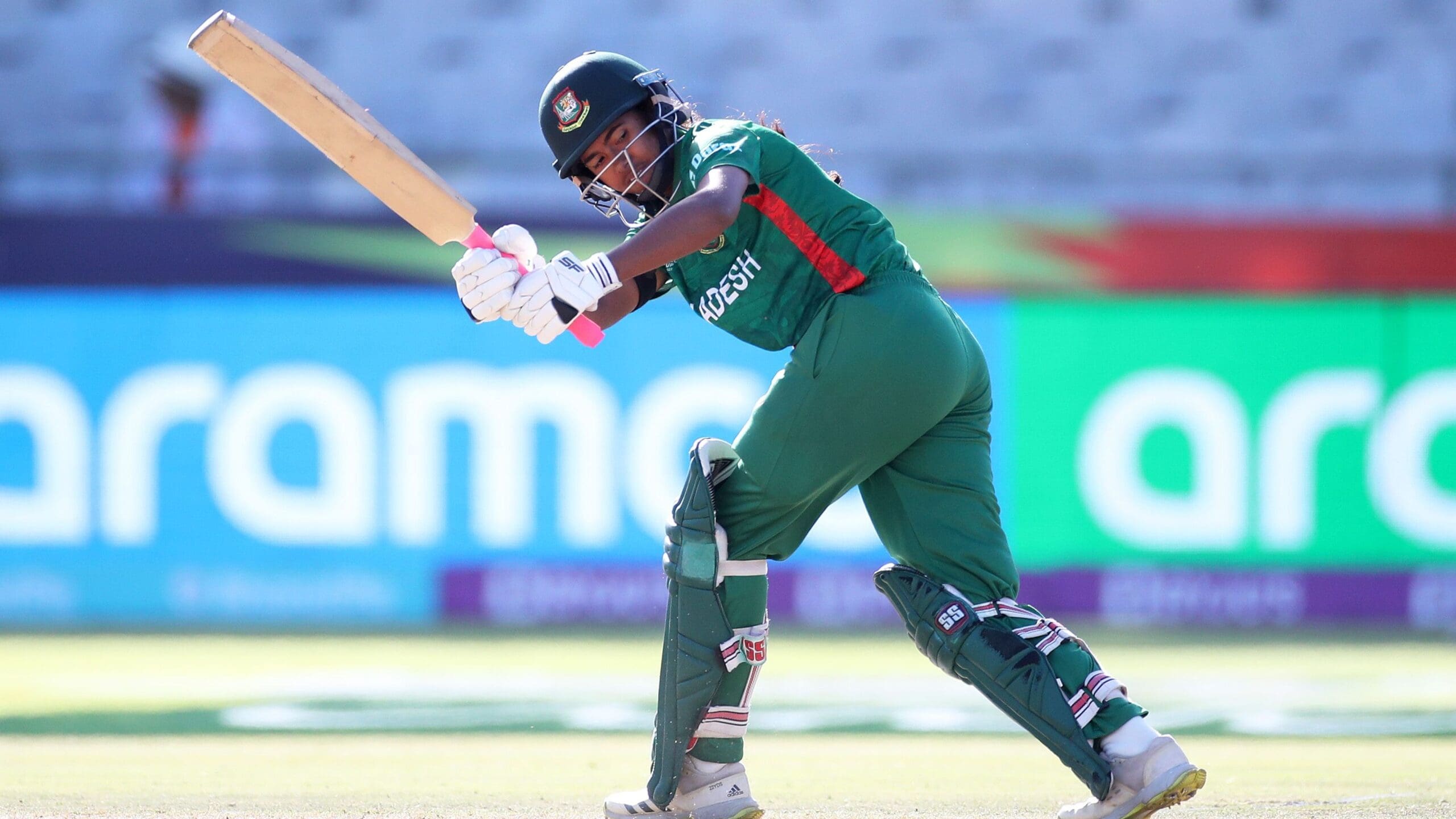 Shorna Akter of Bangladesh plays a shot during the ICC Women’s T20 World Cup group A match between New Zealand and Bangladesh at Newlands Stadium on February 17, 2023 in Cape Town, South Africa_