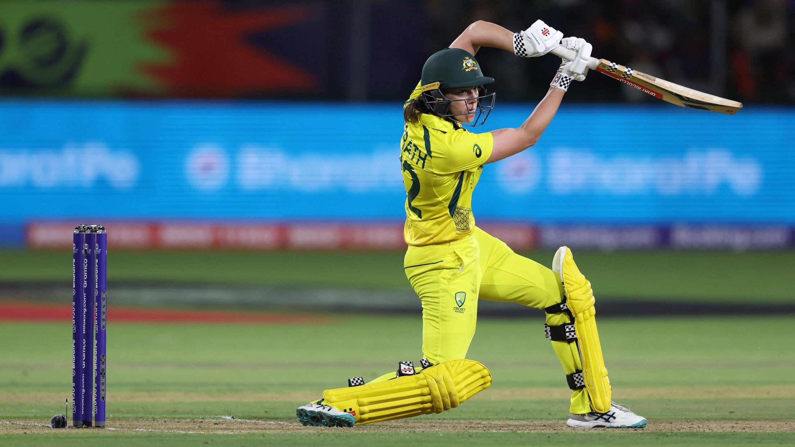 Tahlia McGrath of Australia plays a shot during the ICC Women’s T20 World Cup group A match between South Africa and Australia at St George’s Park on February 18, 2023 in Gqeberha, South Africa_