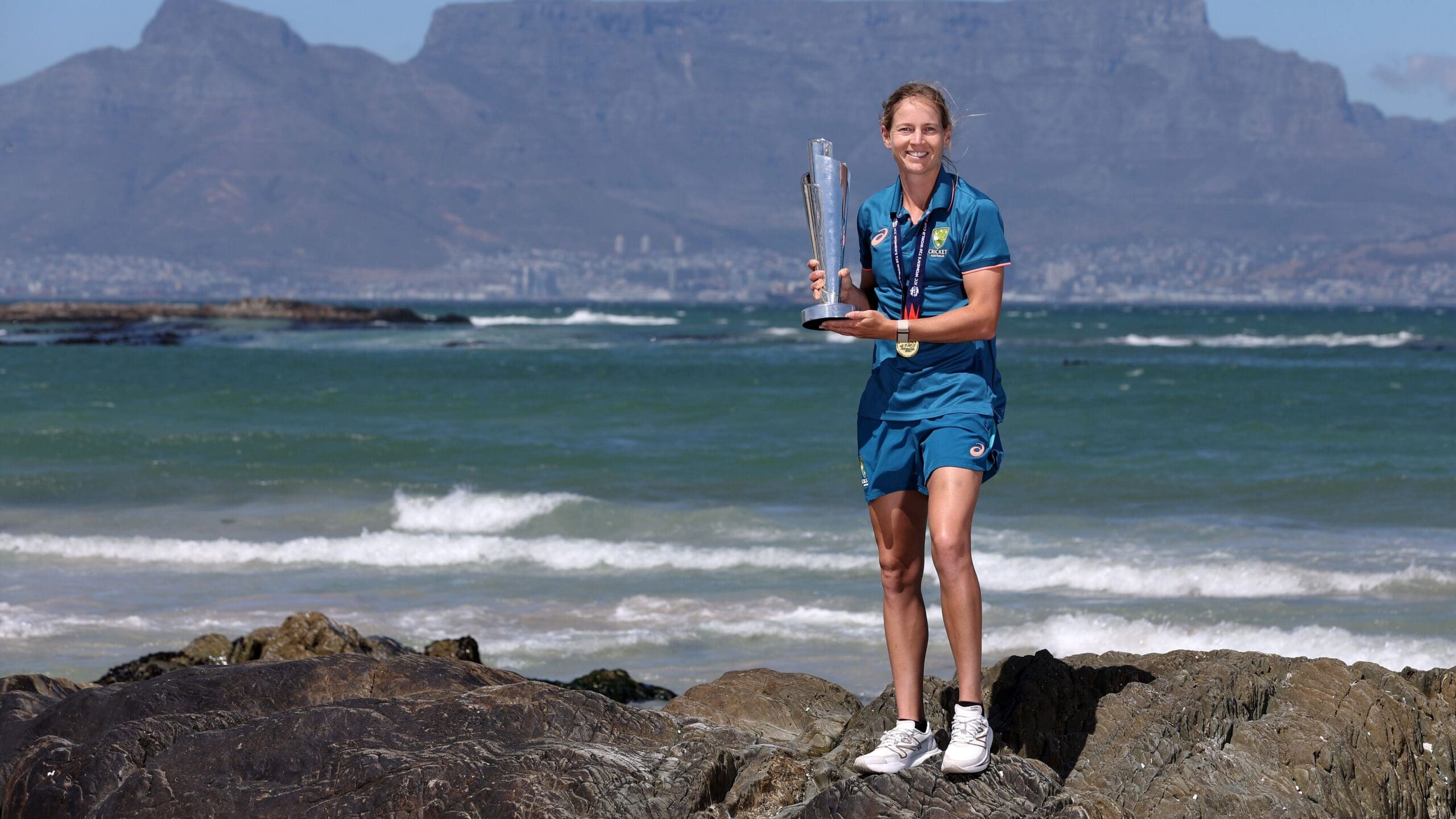 ICC Women’s T20 World Cup 2023 winning captain, Meg Lanning of Australia with the trophy in Bloubergstrand, Cape Town_