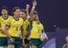 Australia’s rugby seven players celebrate after winning the quarter-final rugby against the USA. Credit: Getty Images