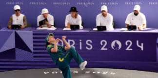 B-Girl Raygun of Team Australia competes during the B-Girls Round Robin - Group B on day fourteen of the Olympic Games Paris 2024 at Place de la Concorde on August 09, 2024 in Paris, France. (Photo by Ezra Shaw/Getty Images)