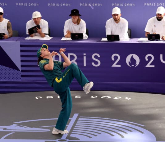 B-Girl Raygun of Team Australia competes during the B-Girls Round Robin - Group B on day fourteen of the Olympic Games Paris 2024 at Place de la Concorde on August 09, 2024 in Paris, France. (Photo by Ezra Shaw/Getty Images)