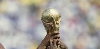 Brazil footballers celebrate with the FIFA World Cup trophy following the World Cup final between Brazil and Italy, at the Rose Bowl in Pasadena, California, 17th July 1994. Brazil won the match on penalties after the game ended 0-0 after extra time. (Photo by Henri Szwarc/Bongarts/Getty Images)