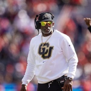 Colorado Buffaloes head coach Deion Sanders. © Mark J. Rebilas-Imagn Images